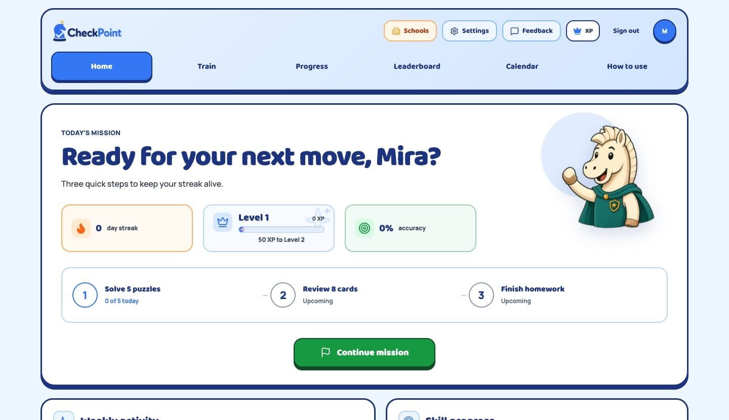 Student dashboard with today's mission, level progress, and weekly activity