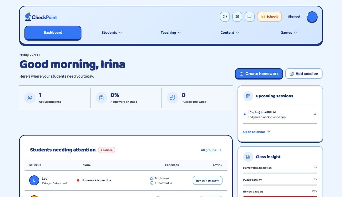 Tutor dashboard showing students needing attention, upcoming sessions, and class insight